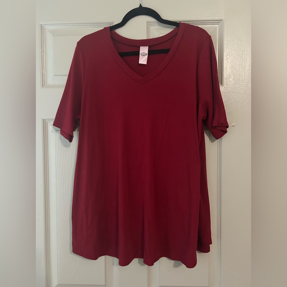 Deep Red V-Neck Ribbed Tee